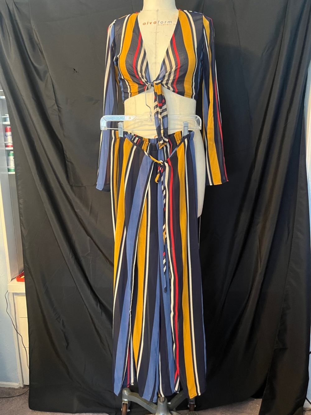 Striped Tie-Front Two-Piece Set in Mustard, Navy & Red. Split legs - Picture 2 of 5